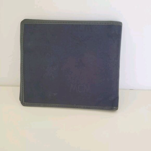 MCM Vintage Men's Wallet Card Case Leather Designer Bifold Signature Navy Blue - Picture 2 of 14
